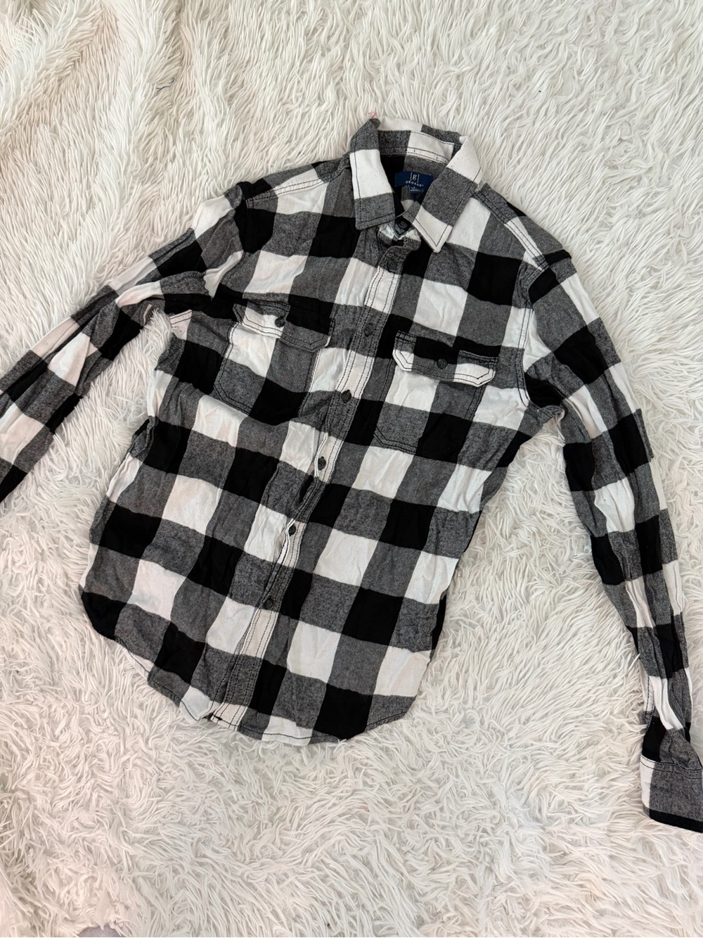 George Size S Black Gray White Buffalo Plaid Flannel Button Up Shirt